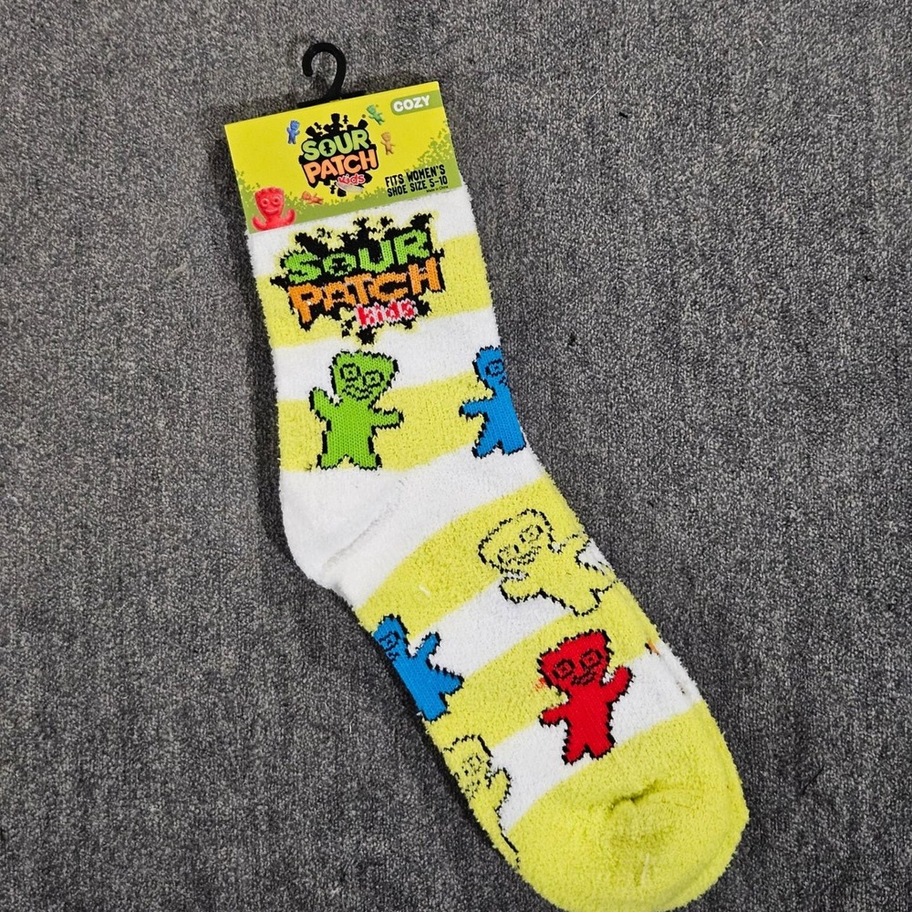 Sour Patch Cozy Crew Socks Womens Shoe Size 5-10 Yellow White Candy‎